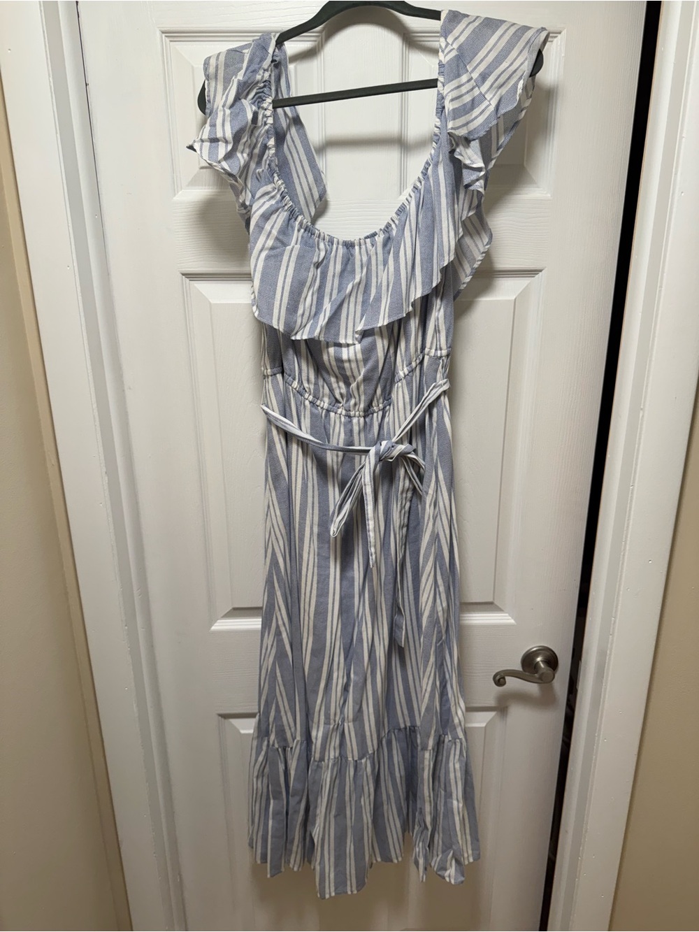 Grace Elements Light Blue and White Striped Ruffle Maxi Dress